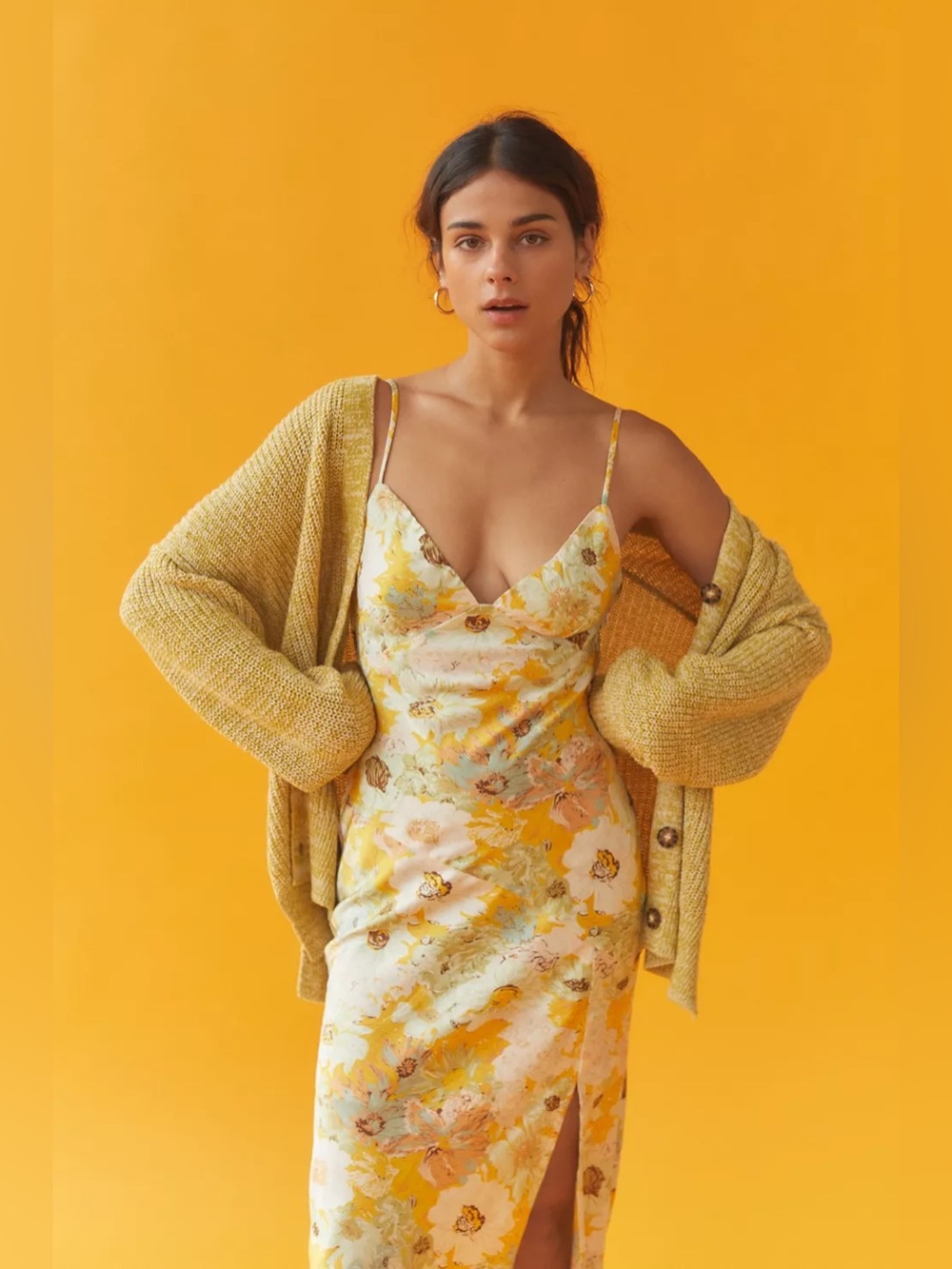 Urban Outfitters Kiss The Sky Floral Satin Slip Maxi Dress Small Yellow Slit